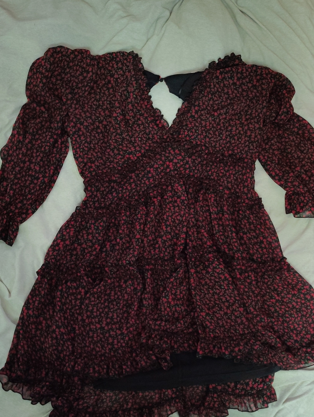 Black And Red Floral Long-Sleeve Ruffle Dress